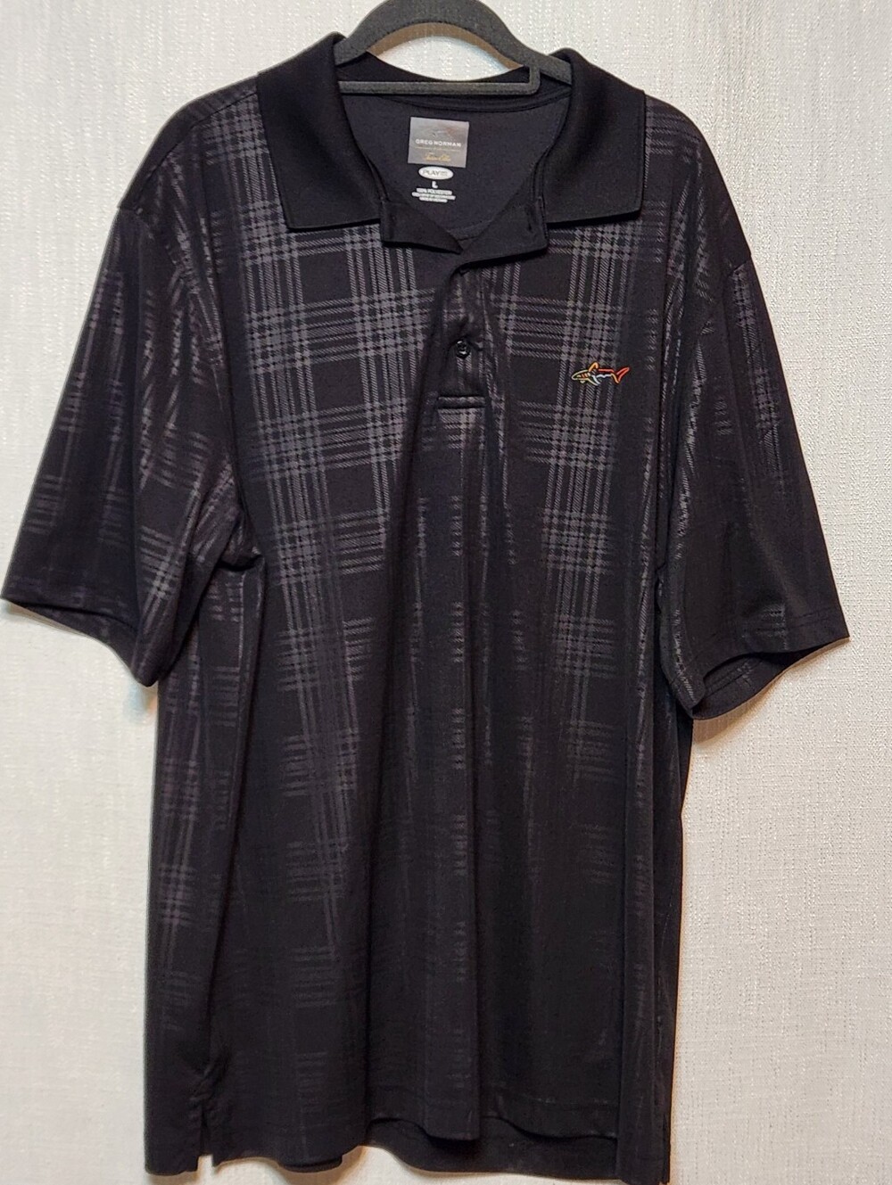 Greg Norman Play Dry Wicks Moisture Shark Logo Black Golf Polo Shirt Large